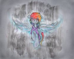 Size: 3936x3140 | Tagged: safe, artist:catseye-view, rainbow dash, g4, clothes, female, high res, rain, scarf, solo, spread wings, traditional art, wet mane