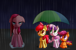 Size: 1600x1047 | Tagged: safe, artist:zoiby, apple bloom, pinkie pie, scootaloo, sweetie belle, g4, cutie mark crusaders, pinkamena diane pie, rain, umbrella, wet mane