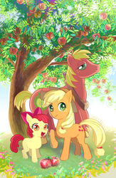 Size: 532x815 | Tagged: safe, artist:skimlines, apple bloom, applejack, big macintosh, earth pony, pony, g4, apple siblings, apple tree, female, filly, looking at you, male, mare, stallion, tree, trio