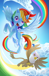 Size: 532x815 | Tagged: safe, artist:skimlines, gilda, rainbow dash, griffon, pegasus, pony, g4, cloud, duo, female, flying, looking at you, mare, rainbow trail, sky