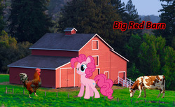 Size: 885x542 | Tagged: safe, pinkie pie, cow, g4, farm, photoshop, rooster