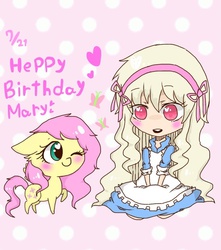 Size: 640x723 | Tagged: safe, artist:dokuusagi0193, fluttershy, human, g4, chibi, happy birthday, pixiv, wink