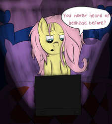 Size: 500x554 | Tagged: safe, artist:rainb0wdashie, fluttershy, ask lonershy, g4, bed, computer, dark room, female, laptop computer, messy mane, solo, speech bubble