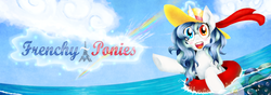 Size: 1024x360 | Tagged: safe, artist:vantardise, oc, oc only, oc:flora prima, pony, unicorn, banner, beach, cloud, cloudy, female, france, french, frenchy-ponies, happy, hat, heterochromia, inner tube, mare, ocean, rainbow, ribbon, smiling, solo, summer, text, water, waving