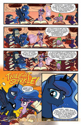 Size: 900x1384 | Tagged: safe, artist:tony fleecs, idw, princess luna, spike, twilight sparkle, alicorn, pony, friends forever #7, g4, my little pony: friends forever, spoiler:comic, book, comic, comic book resources, female, golden oaks library, idw advertisement, mare, preview, spread wings, traditional royal canterlot voice, twilight sparkle (alicorn)