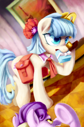 Size: 1370x2080 | Tagged: safe, artist:baitoubaozou, coco pommel, suri polomare, g4, rarity takes manehattan, annoyed, bag, female, mouth hold, present, scene interpretation, trophy