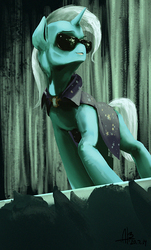 Size: 422x700 | Tagged: safe, artist:adolphbartels, trixie, pony, unicorn, g4, audience, cape, clothes, crossover, curtains, female, mare, red lights, solo, stage, sunglasses