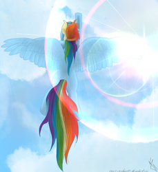 Size: 1024x1118 | Tagged: safe, artist:sonicrainboom93, rainbow dash, pegasus, pony, g4, cloud, female, flying, goggles, lens flare, mare, sky, solo, spread wings, wings