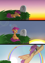 Size: 1280x1760 | Tagged: safe, artist:drawalltheponies, rainbow dash, scootaloo, pegasus, pony, g4, comic, crying, female, flying, grave, gravestone, implied death, rainbow, sad, scootaloo can fly, solo