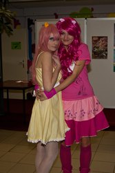 Size: 1067x1600 | Tagged: safe, fluttershy, pinkie pie, human, g4, cosplay, irl, irl human, photo