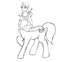 Size: 850x700 | Tagged: safe, artist:glue123, oc, oc only, oc:littlepip, centaur, pony, unicorn, fallout equestria, belly button, black and white, bow, clothes, cutie mark, fanfic, fanfic art, female, grayscale, hooves, horn, jumpsuit, lineart, monochrome, pipbuck, simple background, solo, vault suit, white background