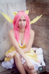 Size: 567x850 | Tagged: safe, artist:onedeviouskitty, fluttershy, human, g4, cleavage, clothes, cosplay, dress, female, irl, irl human, photo, solo