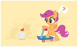 Size: 5100x3100 | Tagged: safe, artist:xwhitedreamsx, scootaloo, chicken, pony, g4, bipedal, female, high res, meme, question mark, raised eyebrow, scootachicken, scooter, simple background, solo