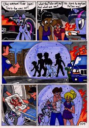 Size: 747x1069 | Tagged: safe, artist:newyorkx3, twilight sparkle, alicorn, human, pony, comic:twilight and the big city, g4, car, comic, female, fire, force field, glowing horn, horn, lincoln (car), magic, mare, stretcher, traditional art, twilight sparkle (alicorn)