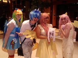 Size: 2560x1920 | Tagged: safe, artist:xxdevilhunteryohkoxx, dj pon-3, fluttershy, rainbow dash, vinyl scratch, human, g4, cosplay, irl, irl human, photo