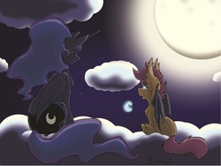 Size: 3586x2694 | Tagged: safe, artist:nekotigerfire, princess luna, scootaloo, alicorn, bat pony, pony, g4, bat ponified, cloud, cloudy, duo, female, high res, mare, moon, night, race swap, scootabat, student of the night