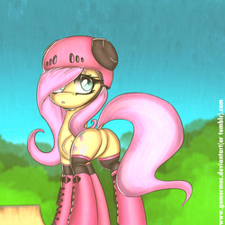 Size: 1200x1200 | Tagged: safe, artist:gamermac, fluttershy, g4, butt, featureless crotch, female, helmet, looking back, plot, ponies in roller skates, roller skates, solo