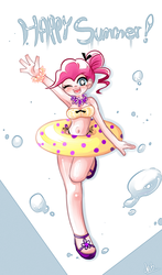 Size: 1000x1700 | Tagged: safe, artist:chch, pinkie pie, human, g4, armpits, belly button, bikini, breasts, busty pinkie pie, clothes, female, floaty, humanized, looking at you, sandals, solo, summer, swimsuit, waving, wink
