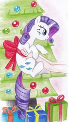 Size: 738x1319 | Tagged: safe, artist:lockhe4rt, rarity, human, pony, g4, bow, christmas, christmas tree, cute, holding a pony, raribetes, traditional art, tree