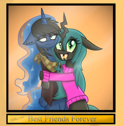 Size: 1280x1314 | Tagged: safe, artist:shellythewolf1, princess luna, queen chrysalis, ask teen chrysalis, g4, alternate hairstyle, clothes, goth, hug, sweater, turtleneck