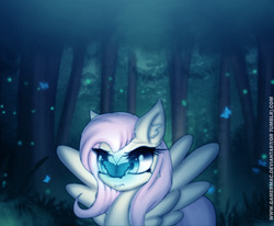 Size: 1700x1400 | Tagged: safe, artist:gamermac, fluttershy, butterfly, g4, ear fluff, female, forest, night, scrunchy face, solo