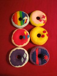Size: 675x900 | Tagged: safe, artist:saltandpuff, applejack, fluttershy, pinkie pie, rainbow dash, rarity, twilight sparkle, g4, craft, donut, donutified, mane six
