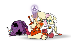 Size: 1172x707 | Tagged: safe, artist:nun2artzy, applejack, fluttershy, rainbow dash, beholder, earth pony, pegasus, pony, g4, blushing, crossover, female, fighter, final fantasy, floppy ears, healing potion, health potion, hooves, mare, monk, sick, white mage, wings