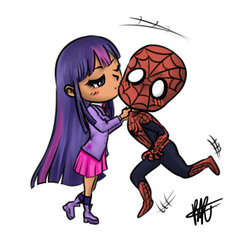 Size: 600x597 | Tagged: safe, artist:celesterui, twilight sparkle, human, g4, blushing, chibi, commission, crossover, crossover shipping, cute, humanized, kissing, male, peter parker, shipping, spider-man, spiders and magic: rise of spider-mane, spidertwi, surprise kiss, surprised