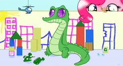 Size: 1280x693 | Tagged: safe, artist:arcuswind, gummy, pinkie pie, g4, blocks, cute, drawing, figurine, godzilla, godzilla (series), helicopter, mothra, toy