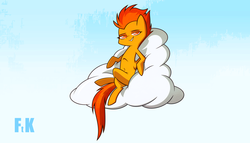 Size: 3515x2007 | Tagged: safe, artist:fluttershythekind, spitfire, pegasus, pony, g4, belly button, cloud, female, grin, high res, hooves, lying on a cloud, mare, on a cloud, pinup, sexy, smiling, solo, stupid sexy spitfire, wings