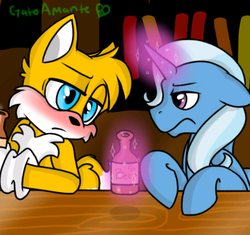 Size: 480x451 | Tagged: safe, artist:gatoamante, trixie, g4, age difference, alcohol, beer, blushing, crossover, crossover shipping, drunk, eye contact, frown, magic, male, miles "tails" prower, sonic the hedgehog (series), telekinesis