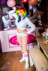 Size: 1867x2800 | Tagged: safe, artist:lexi-farron-strife, rainbow dash, human, g4, belly button, belly piercing, bellyring, cosplay, irl, irl human, midriff, photo, piercing, solo