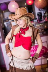 Size: 1867x2800 | Tagged: safe, artist:quineapple, applejack, human, g4, belly button, cosplay, cowboy hat, hat, irl, irl human, midriff, photo, solo