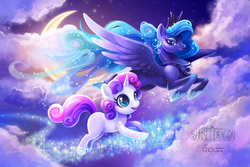 Size: 1000x667 | Tagged: safe, artist:flying-fox, artist:tsaoshin, princess luna, sweetie belle, alicorn, pony, unicorn, for whom the sweetie belle toils, g4, season 4, blank flank, cloud, cloudy, collaboration, crescent moon, dreamscape, duo, female, filly, flying, foal, looking at someone, mare, moon, night, open mouth, open smile, smiling, spread wings, wings