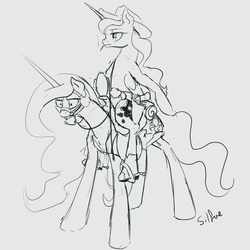 Size: 1280x1280 | Tagged: safe, artist:silfoe, princess celestia, princess luna, alicorn, pony, lunadoodle, g4, bit gag, bridle, celestia is not amused, cigarette, cowboy hat, duo, frown, gag, grayscale, gritted teeth, gun, hat, help me, holster, how, luna riding celestia, monochrome, mouth hold, ponies riding ponies, reins, revolver, riding, saddle, serious, simple background, sketch, smoking, spurs, stirrups, wat, whip, wide eyes