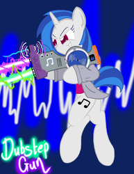 Size: 2550x3300 | Tagged: dead source, safe, artist:zacproductions, dj pon-3, vinyl scratch, g4, bass cannon, bipedal, drop the bass, dubstep, dubstep gun, female, high res, laser, running, saints row, solo, wub, wubz
