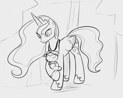 Size: 999x799 | Tagged: safe, artist:drawponies, pipsqueak, princess luna, pony, g4, holding a pony, maternaluna, monochrome, pirate, sketch