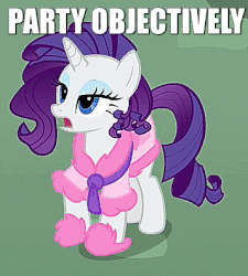 Size: 357x396 | Tagged: safe, screencap, rarity, g4, suited for success, animated, bathrobe, clothes, female, image macro, meme, party hard, robe, slippers, solo, stomping