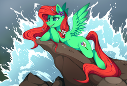 Size: 875x600 | Tagged: safe, artist:mr-tiaa, oc, oc only, oc:rosalee, pegasus, pony, flower, rock, solo, the little mermaid, water