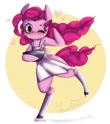 Size: 1808x2048 | Tagged: safe, artist:yukomaussi, pinkie pie, earth pony, pony, semi-anthro, g4, apron, bipedal, clothes, female, heart, mare, naked apron, solo