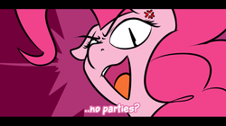 Size: 945x528 | Tagged: safe, artist:mostazathy, pinkie pie, g4, angry, female, floppy ears, glare, looking at you, open mouth, slit pupils, smiling, solo, subtitles