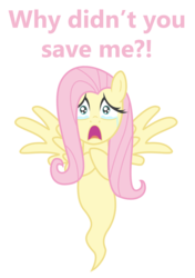 Size: 1700x2411 | Tagged: safe, artist:vincentthecrow, fluttershy, ghost, ghost pony, pegasus, pony, g4, batman the animated series, breaking the fourth wall, bronybait, context is for the weak, crying, dead, female, flutterghost, fourth wall, implied death, looking at you, op is a duck, question, sad, simple background, solo, talking to viewer, transparent background, vtc's wacky vectors