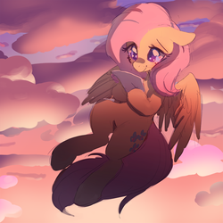 Size: 900x900 | Tagged: safe, artist:mewball, fluttershy, pegasus, pony, g4, cloud, cute, female, flying, holding, paper, reading, sky, solo, spread wings, wingding eyes, wings