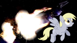 Size: 1000x563 | Tagged: safe, derpy hooves, pegasus, pony, g4, babylon 5, explosion, female, flying, grin, mare, photoshop, smiling, solo, space station, spoiler, spread wings