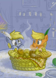 Size: 858x1200 | Tagged: safe, artist:onkelscrut, applejack, derpy hooves, g4, bread, cute, derpabetes, feather, filly, food, jackabetes, younger