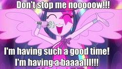Size: 1280x720 | Tagged: safe, twilight sparkle, equestria girls, g4, my little pony equestria girls: rainbow rocks, perfect day for fun, don't stop me now, female, image macro, lyrics, meme, ponied up, queen (band), solo