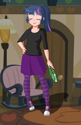 Size: 627x961 | Tagged: artist needed, safe, twilight sparkle, human, g4, alternate hairstyle, book, clothes, converse, female, humanized, magical friends, shirt, skirt, sneakers, socks, solo, striped socks, thigh highs