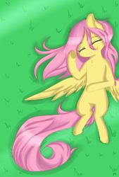 Size: 1024x1516 | Tagged: safe, artist:chibimlp-lover, fluttershy, pegasus, pony, g4, chest fluff, cute, ear fluff, eyes closed, female, grass, mare, on back, shyabetes, sleeping, solo, stupid sexy fluttershy