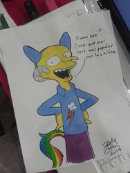 Size: 720x960 | Tagged: safe, artist:marelynmanson, rainbow dash, g4, brony, brony stereotype, gabriel chavez, male, mr. burns, spanish, the simpsons, traditional art, translated in the comments, wat, wtf