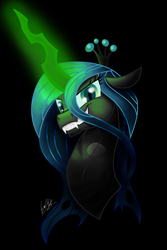 Size: 1632x2440 | Tagged: safe, artist:pinktonicponystudio, artist:pinktonicstudio, queen chrysalis, changeling, changeling queen, g4, crown, evil smile, fangs, female, glowing horn, grin, horn, jewelry, portrait, regalia, smiling, solo